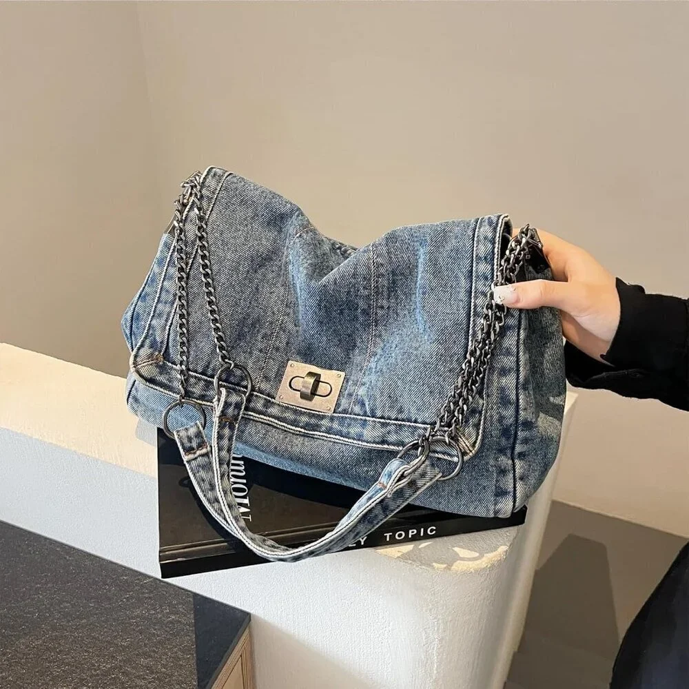 Denim Tote Bag Women Casual Retro Crossbody Shoulder Bag Handbag Durable